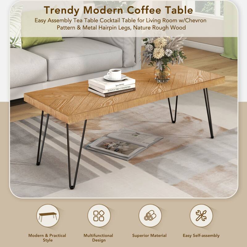 Modern Coffee Table, Tea Table Cocktail Table With V-shape Pattern Metal Hairpin Legs
