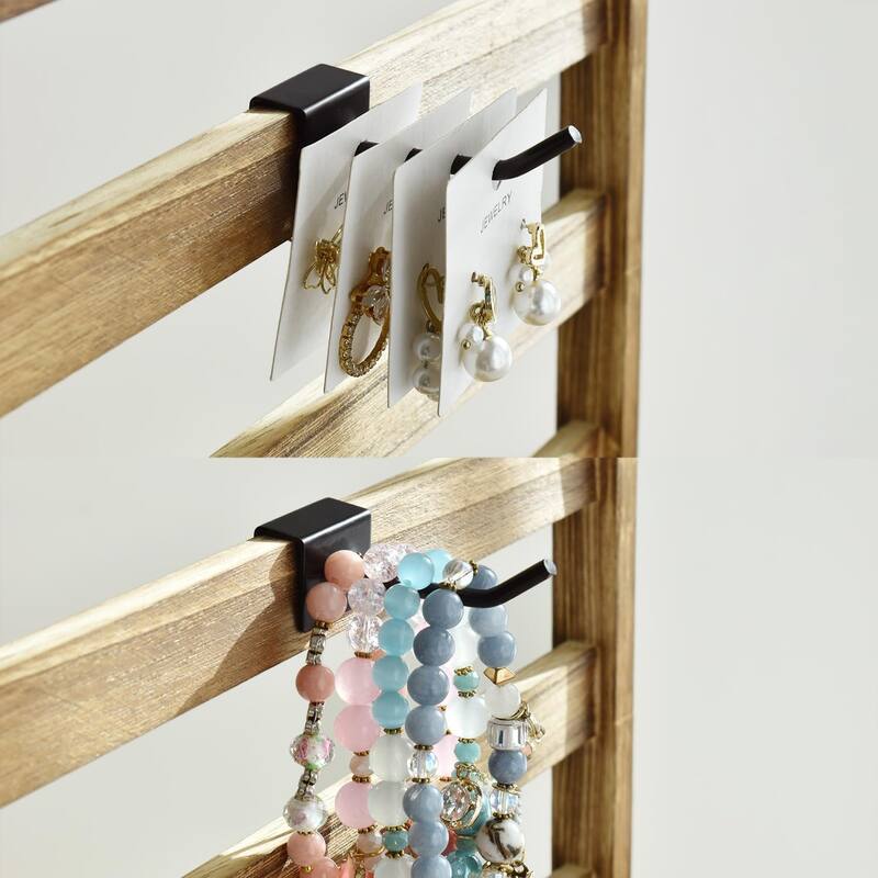 Natural Wood Hexagon 6 sided Rotating Jewelry Display Stand Tower,60 Removable Metal Hooks