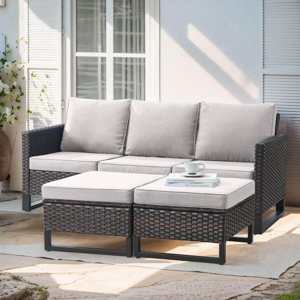 3 Pieces Outdoor Wicker Sofa with Ottomans Brown - Beige