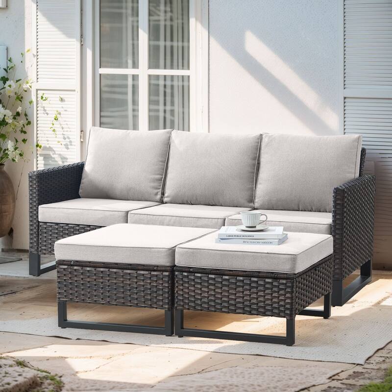 3 Pieces Outdoor Wicker Sofa with Ottomans - Beige - Brown