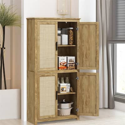64" Rattan Kitchen Storage Cabinet with Adjustable Shelf, Natural