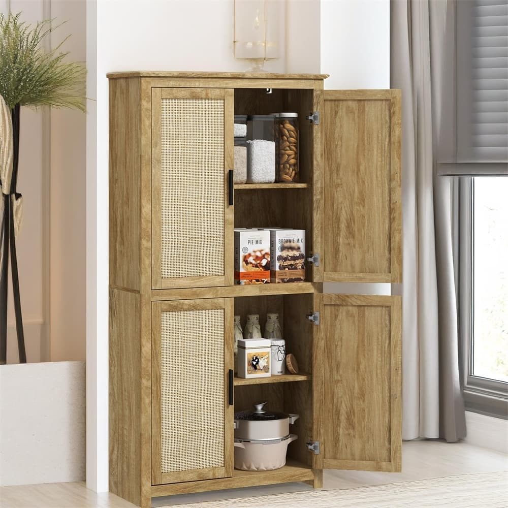 64" Rattan Kitchen Storage Cabinet with Adjustable Shelf, Natural