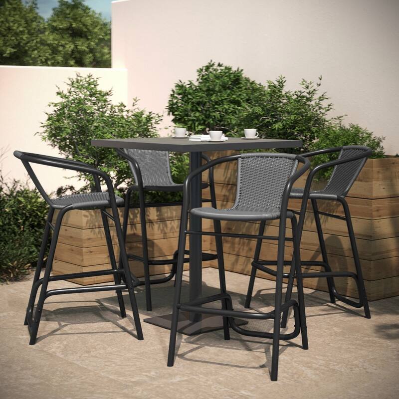 Commercial Indoor-Outdoor Rattan Restaurant Barstool with Aluminum Frame-Set of 4 - Gray