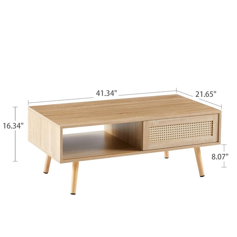 41.34" Rattan Coffee Table, sliding door for Storage