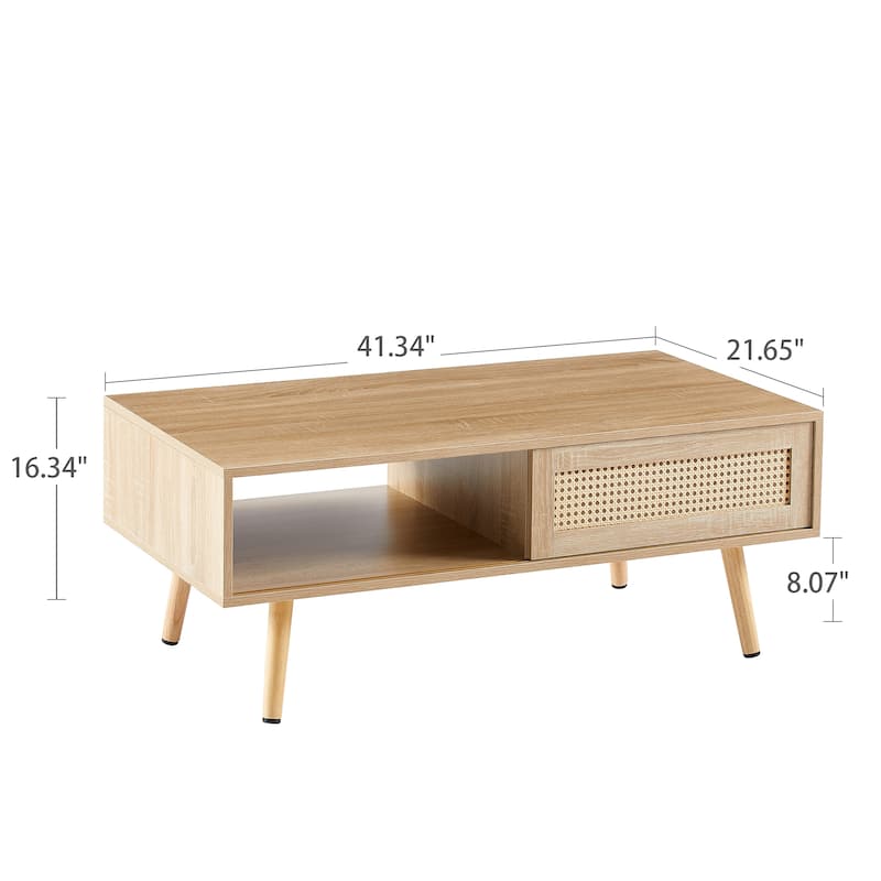 41.34" Rattan Coffee table, sliding door for storage, solid wood legs, Modern table