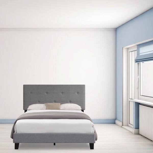 Modern Button platform bed Gray queen headboard Linen bed slats Bed Bath & Beyond 39055462