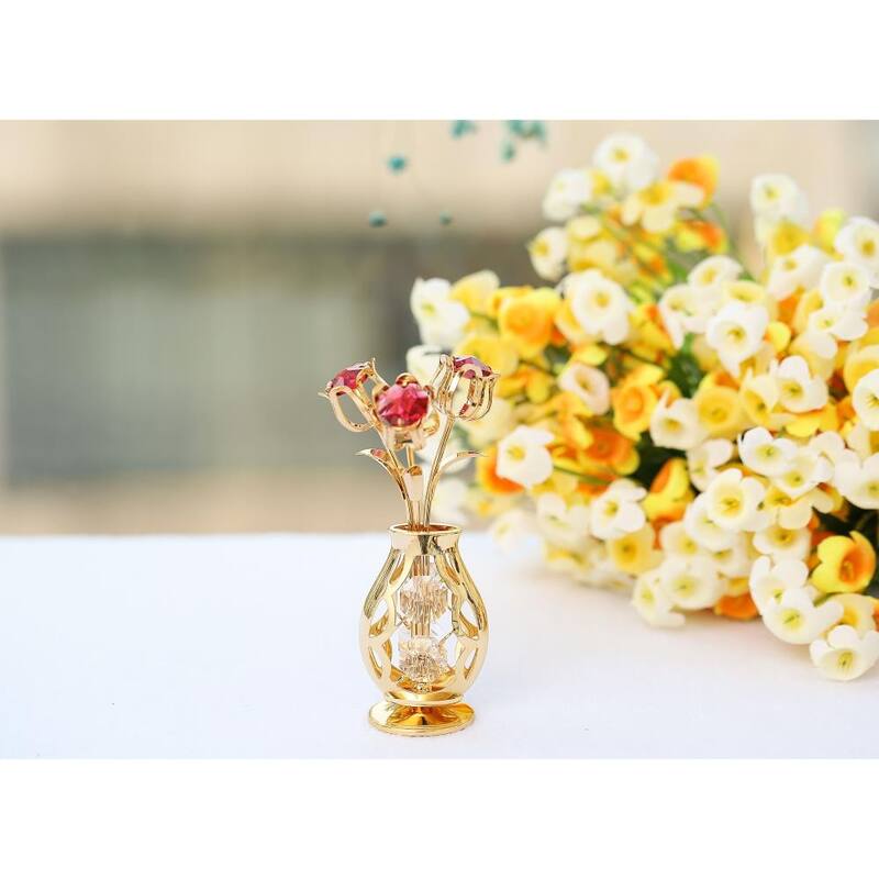 Matashi 24k Gold Plated Flowers Bouquet and Vase w/ Red & Clear Matashi Crystals | 24k Gold-Plated Table Top Decorations