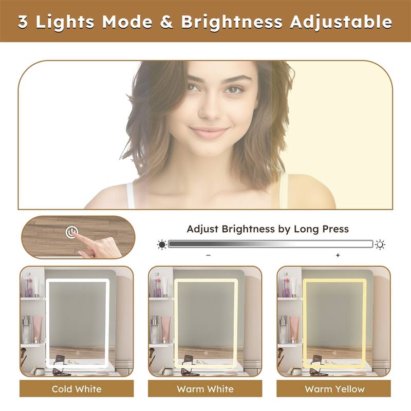 White Dressing Table,Mirror and LED Light,5-Drawer Dressing Table