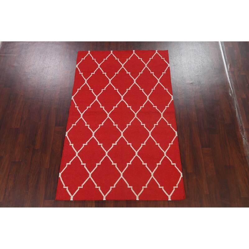 Contemporary Trellis Durrie Kilim Oriental Area Rug Wool Flat-woven - 5'0" x 8'0"
