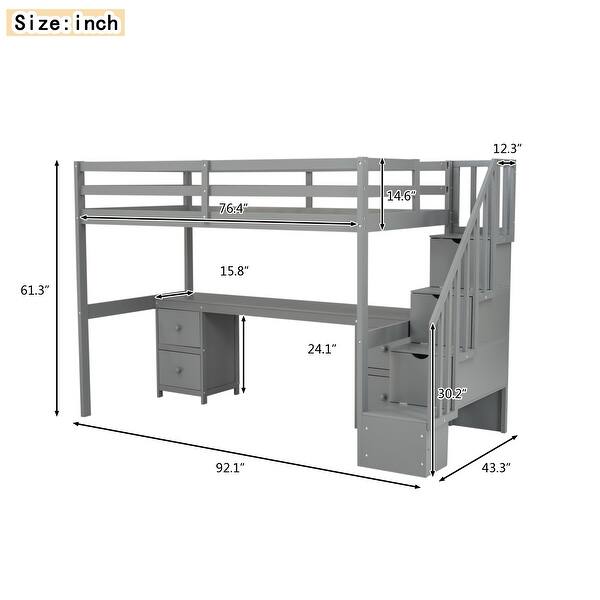 dimension image slide 1 of 2, Wood Twin Loft Bed with Desk & Storage Drawers, Staircase & Guardrails