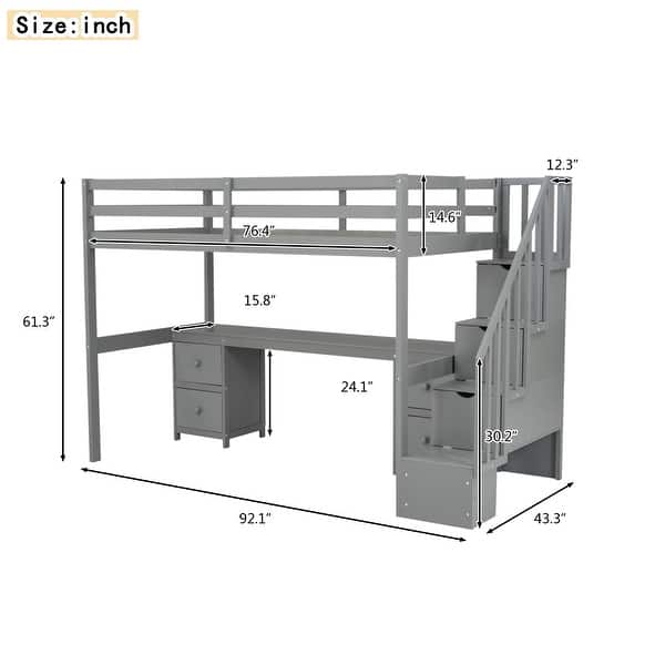 dimension image slide 0 of 2, Wooden Twin Size Loft Bed wtih Rectangle Desk Underneath and Double Storage Drawers, Side Staircase Built-in Storage