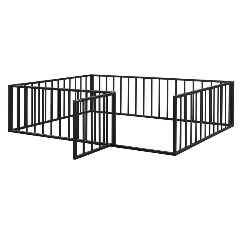 Queen Size Metal Floor Bed Frame with Fence&Door