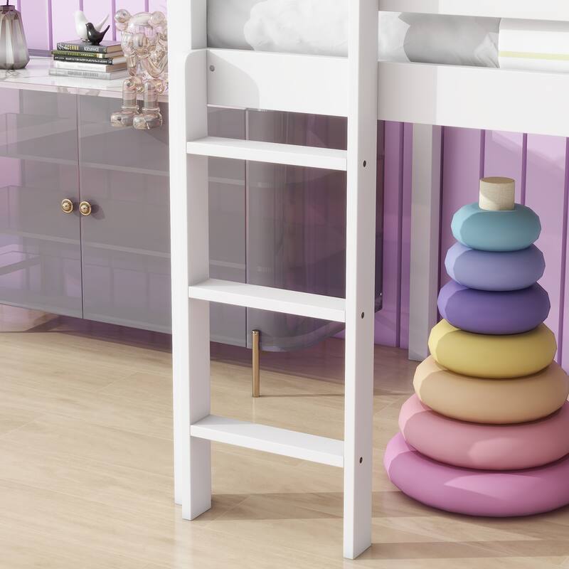 Twin Low Loft Bed Frame with Smooth Slide, Ladder, Safety Guardrails, Durable Rubber Wood Loft Bed with Underbed Storage