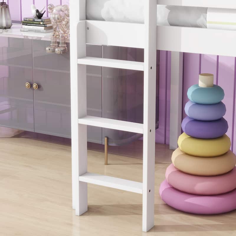 Twin Low Loft Bed with Slide, Ladder, Safety Guardrails, Rubber Wood Twin Loft Bed
