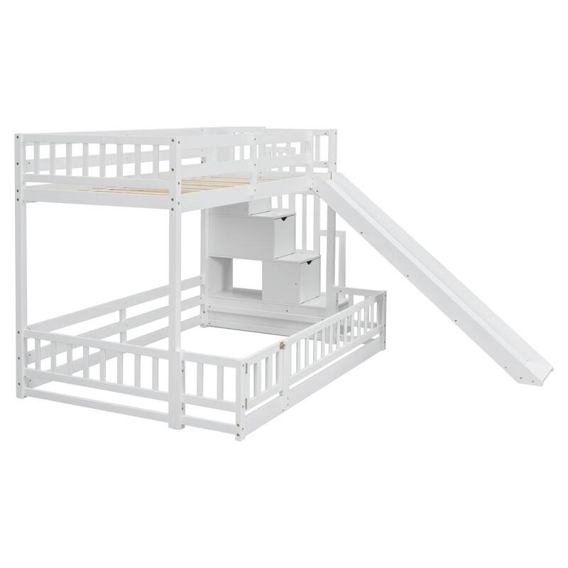 Twin Over Full Size Floor Bunk Bed with Slide and Safety Guardrails, Wooden Bunk Bedframe with Storage Staircase and Fence