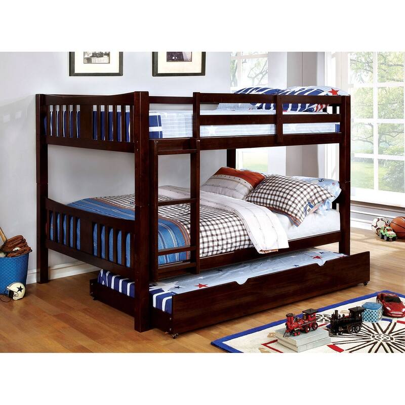 Full Over Full Bunk Bed with Attached Ladder, Trundle Included, Solid Wood Construction in Dark Walnut Finish