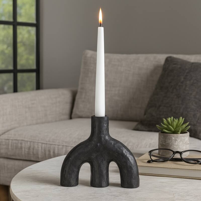 Textured Creamic Taper Candle Holder with Double Arched - Black