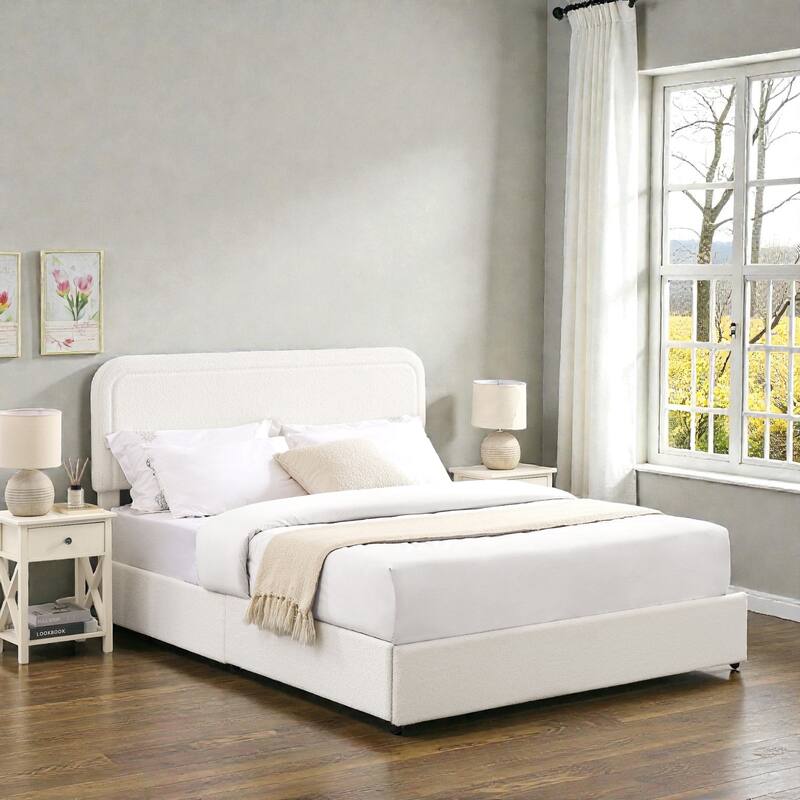 Queen Ivory Boucle Upholstered Platform Bed with 2 Storage Drawers, Curved Stitched Headboard, Wood Slats - Lvory - Queen
