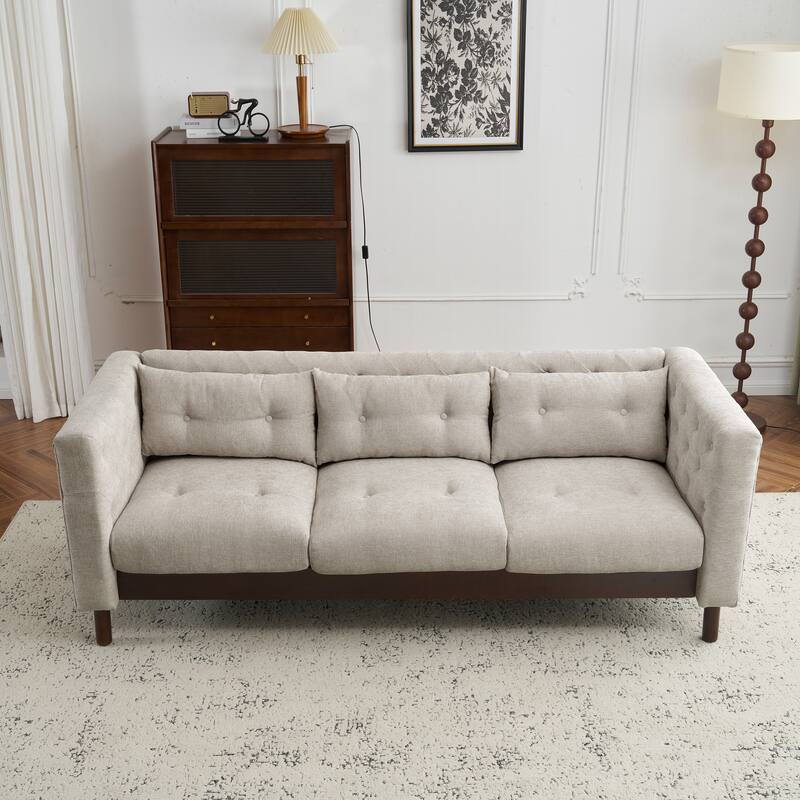 Roomfitters Modern 3-Seater Upholstered Sofa Couch with Tufted Back, Linen-Like Fabric, Greyish Beige