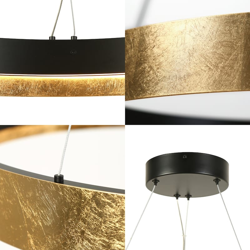 Modern Glam 1-Light Goldleaf Circular Chandelier Wheel Drum Integrated LED Pendant Light Fixture with Gold Foil for Dining Room