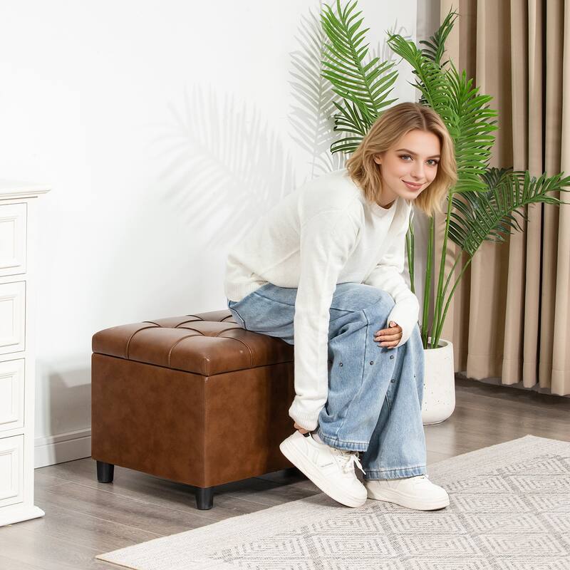 Adeco Rectangular Storage Ottoman Faux Leather Bench Lift-top Footrest