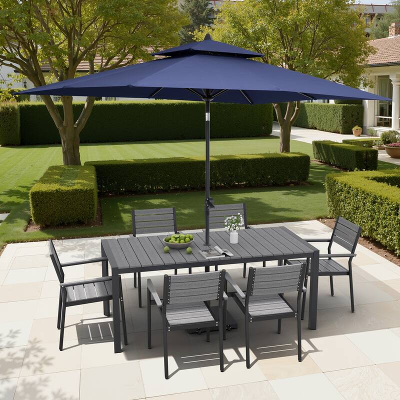 9/11-Piece Patio Dining Set Aluminum Dining Table and Chairs w/10 ft Market Umbrella and Base with Wheels - Set of 9 - Grey Table with Navy Blue Umbrella