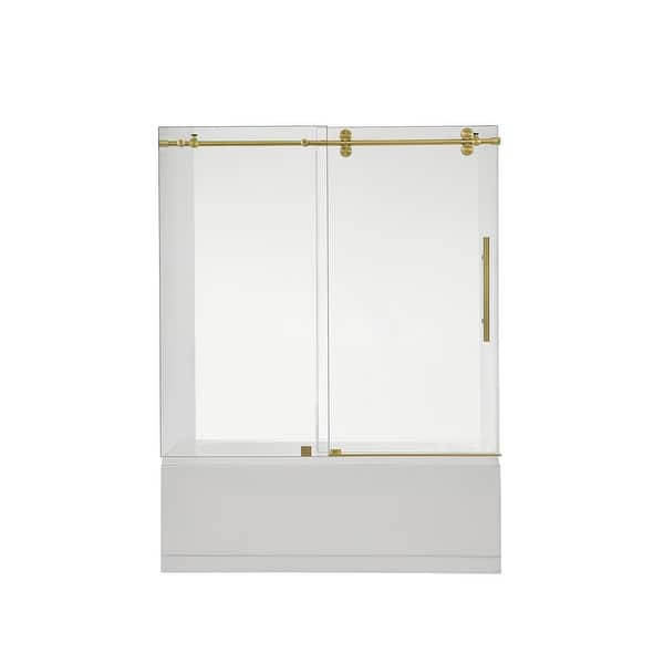 slide 2 of 25, Villena 60" W x 58" H Single Sliding Frameless Tub Door 60" W x 58" H - Brushed Gold