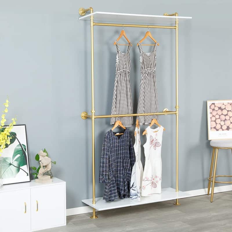 2 Tier Industrial Pipe and Wood Garment Rack