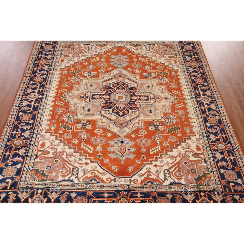 Medallion Heriz Serapi Indian Area Rug Handmade Orange Wool Carpet - 7'10" x 9'9"