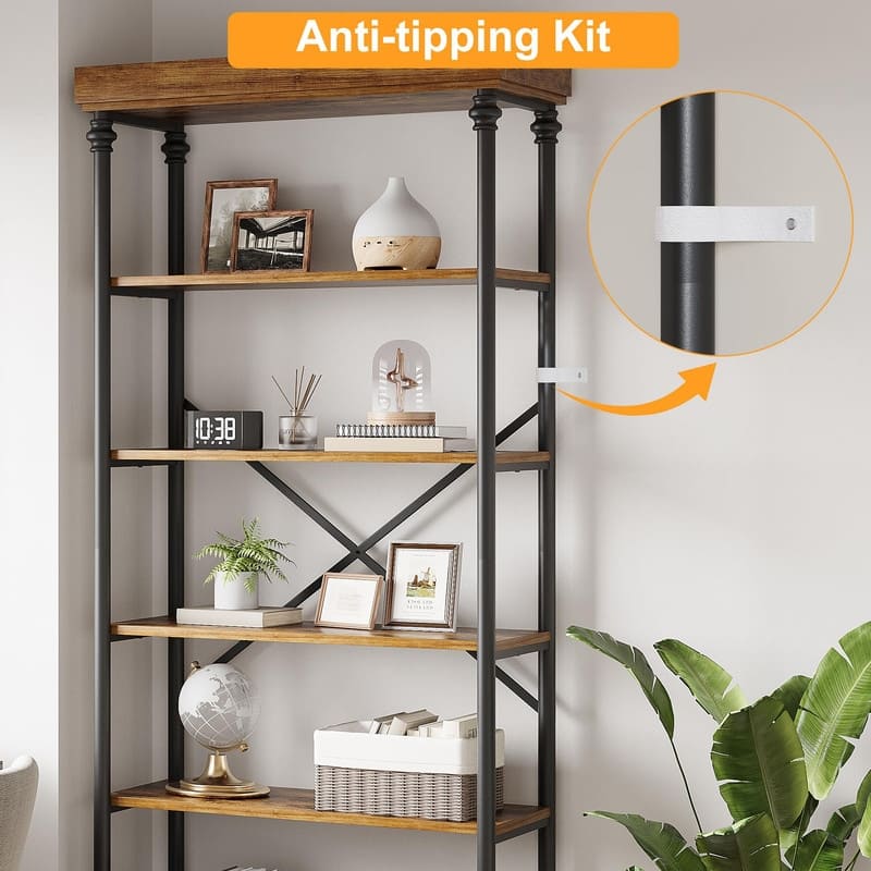 5-Tier Rustic Bookshelf with Metal Frame & Storage Drawer Open Bookcase