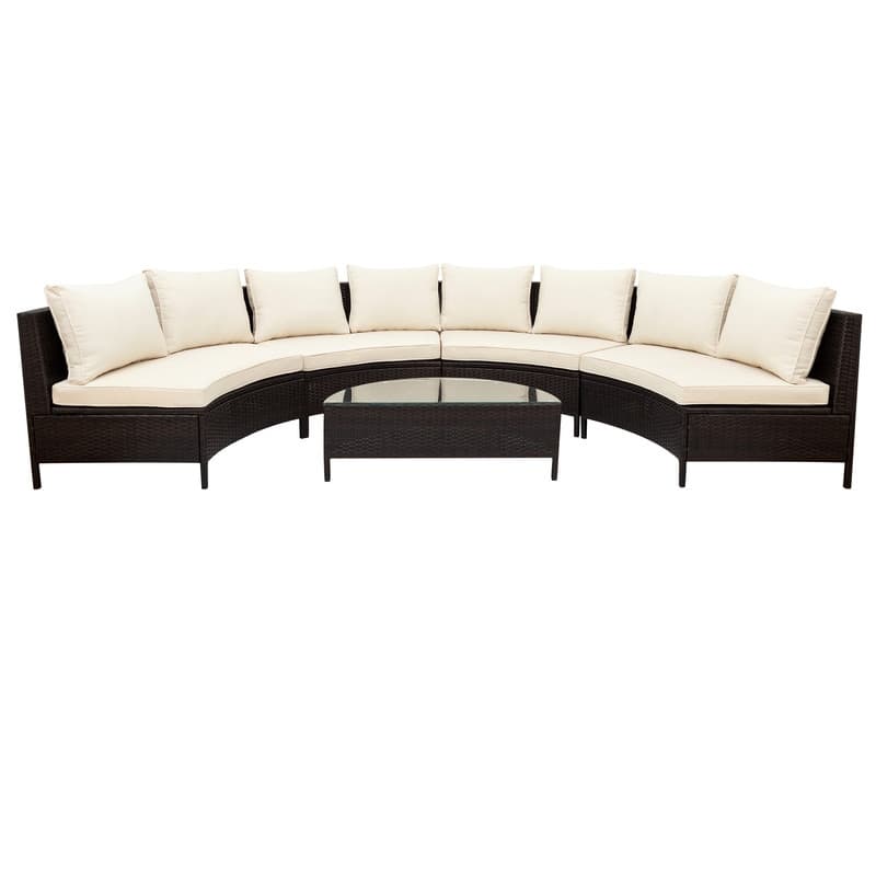 5-Piece All-Weather Brown PE Rattan Sectional Set – Half-Moon Outdoor Sofa with Tempered Glass Table for Patio & Garden - Beige