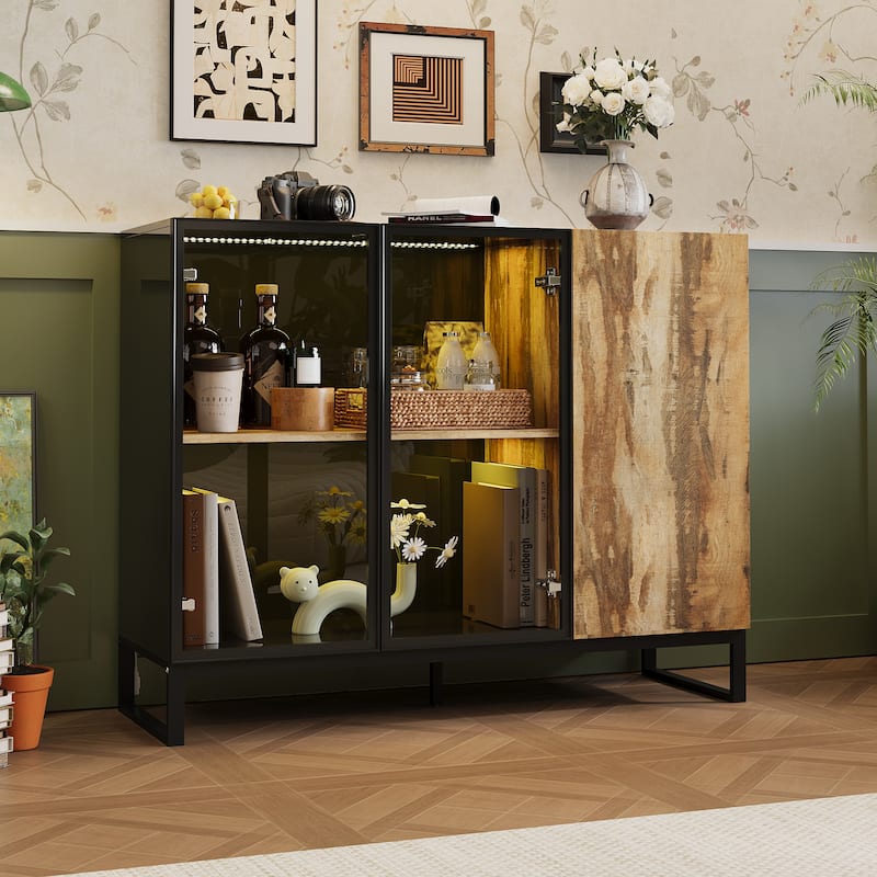 Sideboard Bookshelves Cabinet with LED Light,Glass Doors 47.2” Storage Display Cabinet - 47.2"W