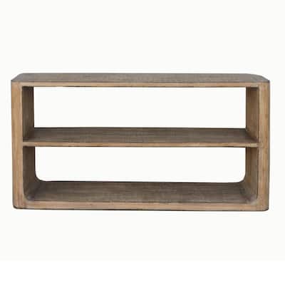 Roki Sofa Console Table w 2 Shelf, 60 Inch Natural Brown Pine Wood Top