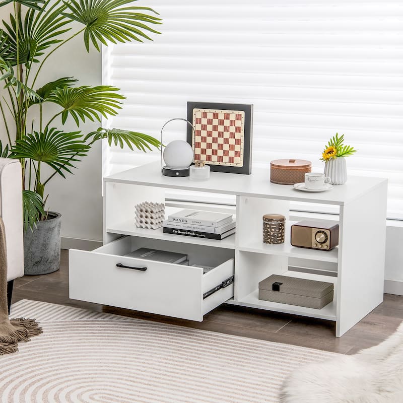 White Engineered Wood Console Table Stand with Drawer and Open Storage for 50 inches Flat Screens - 41" x 20.5" x 20.5"