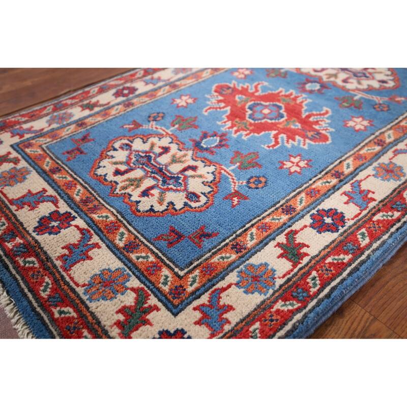Geometric Blue Kazak Accent Rug Handmade Wool Carpet - 2'0" x 3'1"