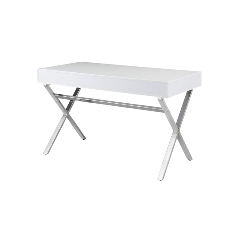 HomeRoots 47" White and Silver Wood and Metal Computer Desk With Two Drawers