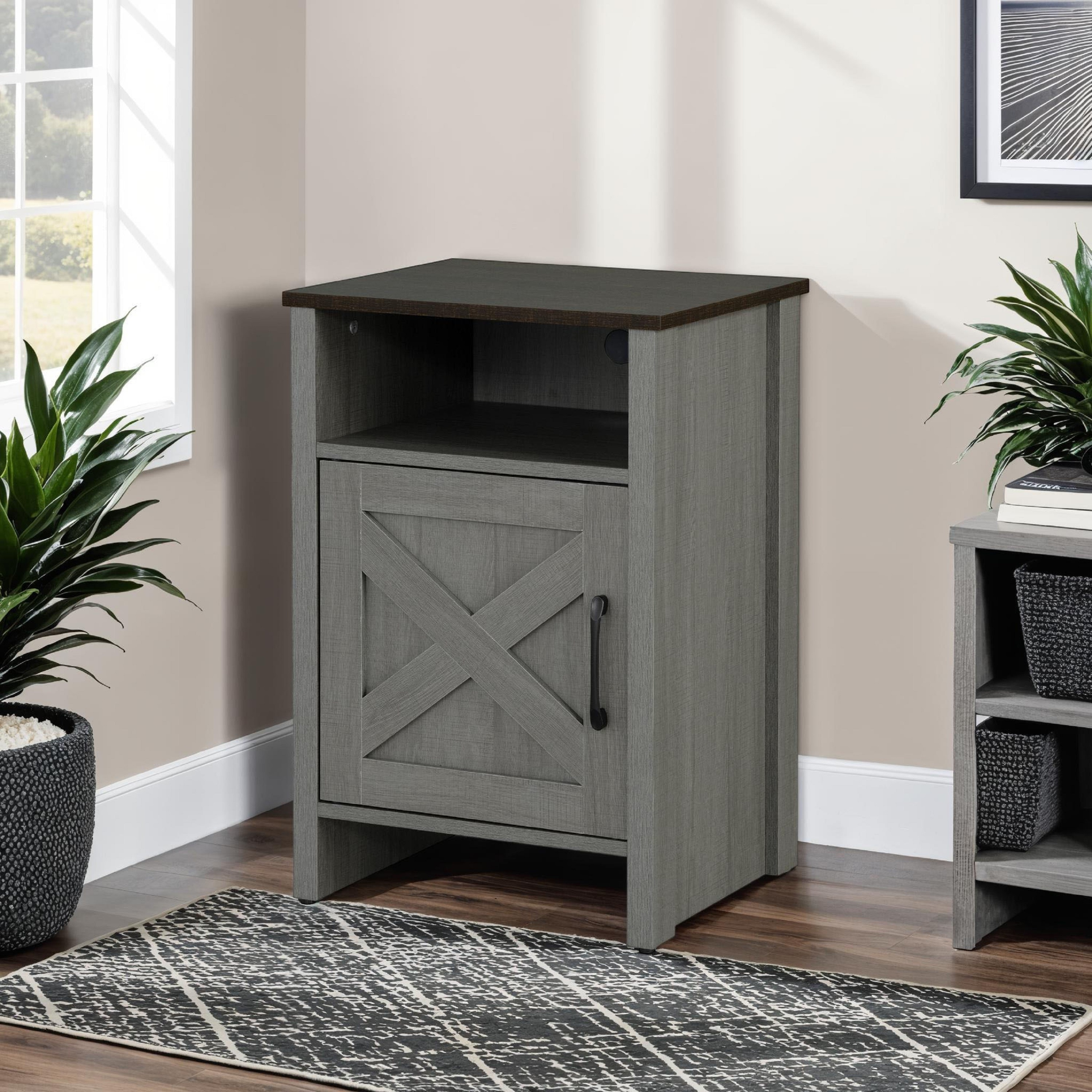 Furniture of America Logan Farmhouse Grey 16-inch Side Table with Barn Door and Open Shelf