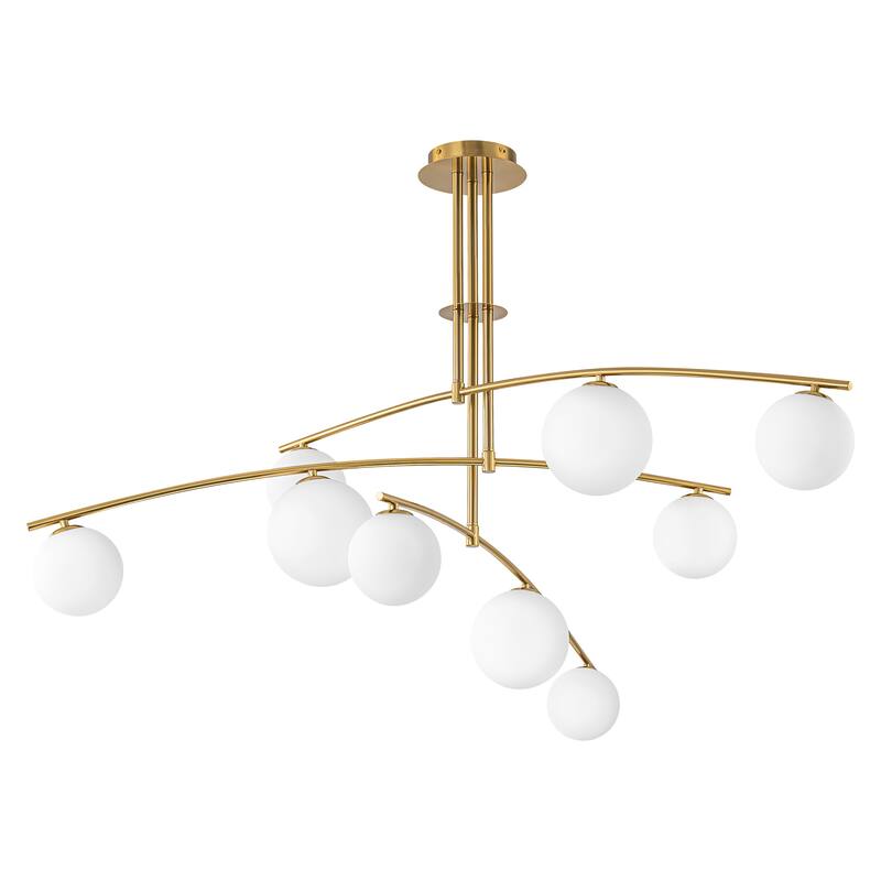 Modern Brass Sputnik Linear Opal Frosted Glass Globe Semi-Flush Mount Light