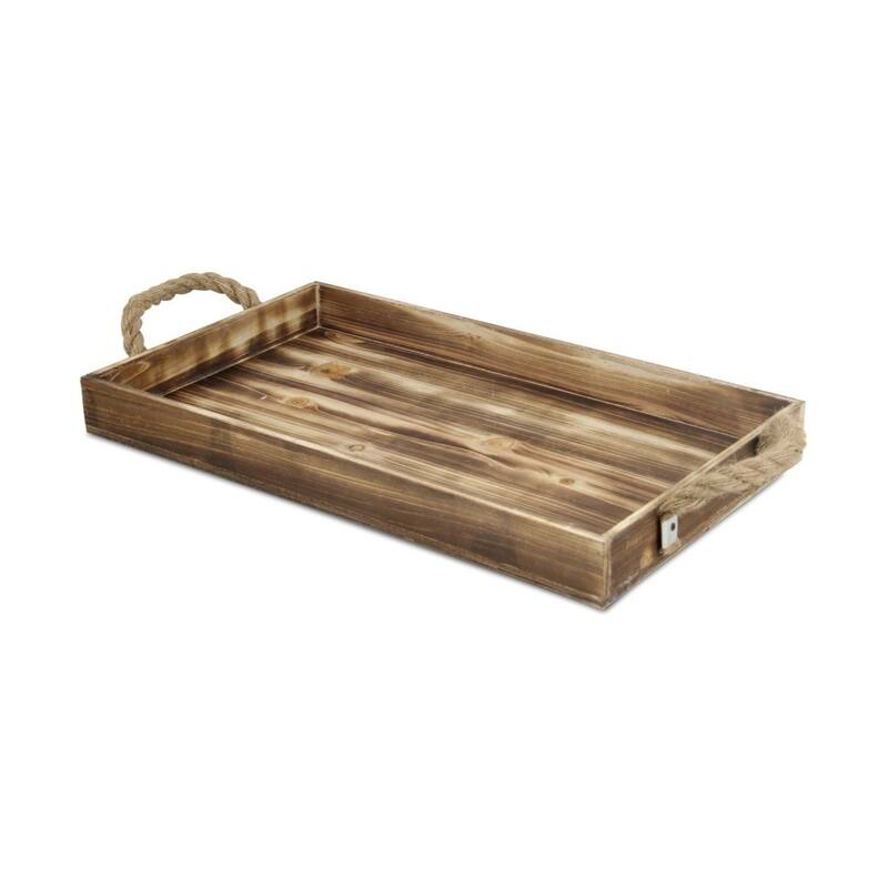 HomeRoots Brown Distressed Wood Handmade Serving Tray With Rope Handles