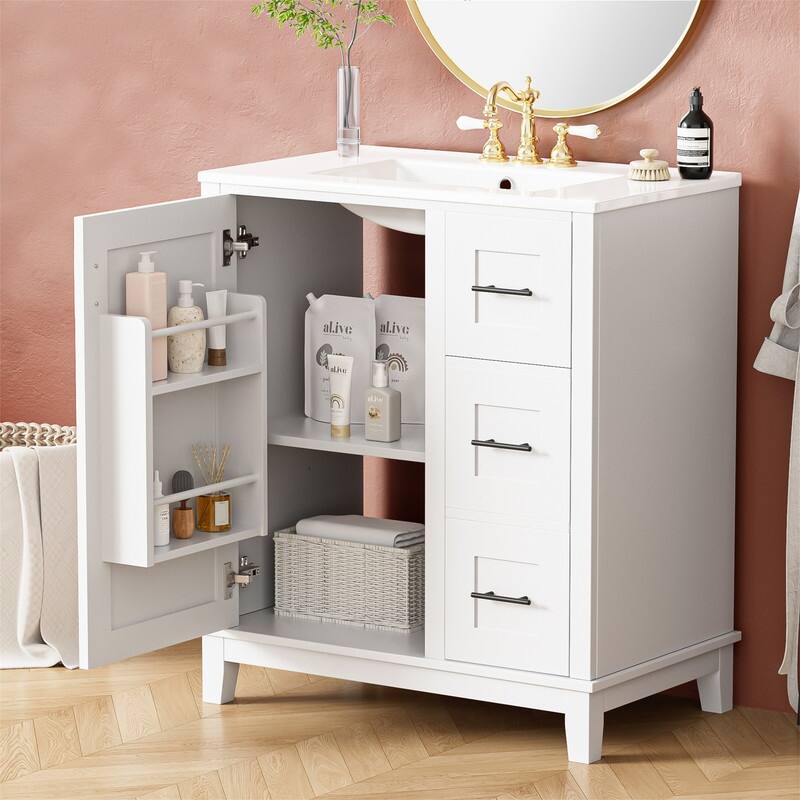 30'' Bathroom Vanity with Ceramic Sink, Freestanding Bathroom Vanity Cabinet with 3 Drawers, 1 Soft Close Door and Storage Rack
