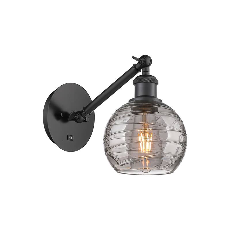 Innovations Lighting 317-1W 8 6 Athens Deco Swirl Sconce Athens Deco - Matte Black / Light Smoke Deco Swirl
