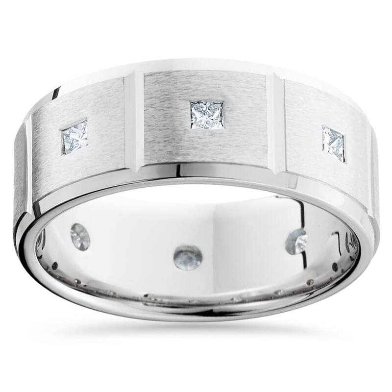 Mens Princess Cut Diamond Wedding Ring Comfort Fit Brushed Bevel White Gold