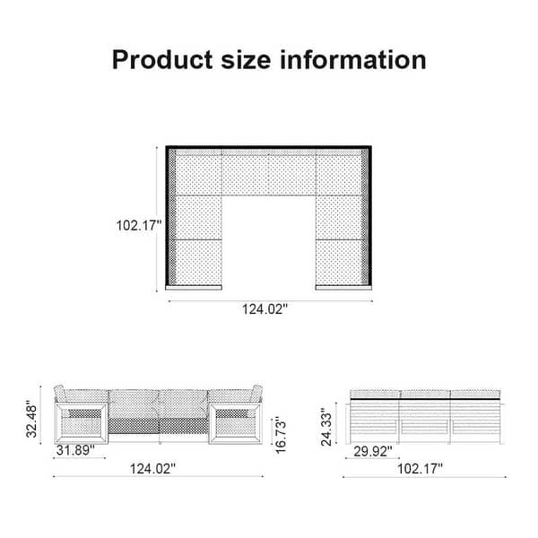 dimension image slide 6 of 14, PURPLE LEAF Caesar U-Shaped Grey Outdoor Couch with 9.6" Thick for Yard Porch Deck Patio Conversation Sets