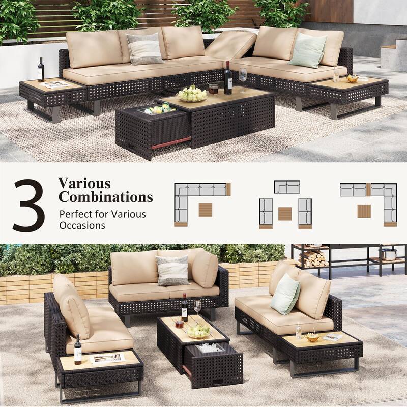 6-Piece Outdoor Sectional Sofa Set with Adjustable Recliner, Ice Bucket Coffee Table & Side Tables