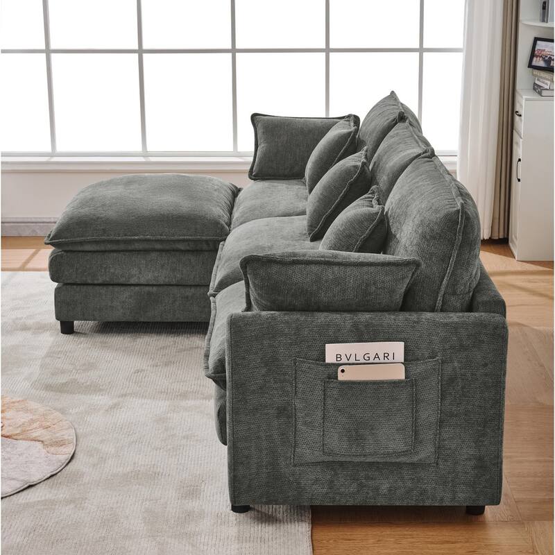 101.9" L-shaped Cashmere Sectional Sofa with Pillows and Movable Ottoman