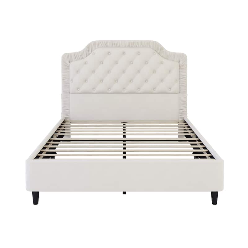 Velvet Upholstered Platform Bed with Ruched and Button Tufted Headboard, Solid Wood Frame, No Box Spring Needed, Easy Assembly