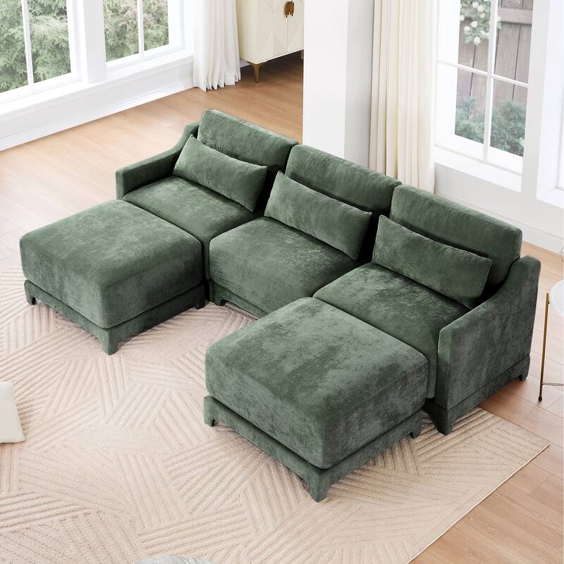 Modern Chenille 4-Seater Sofa with 2 Ottoman, Lumbar Cushions, Ergonomic Backrest, High-Resilience Spongeand Tufted Armrests