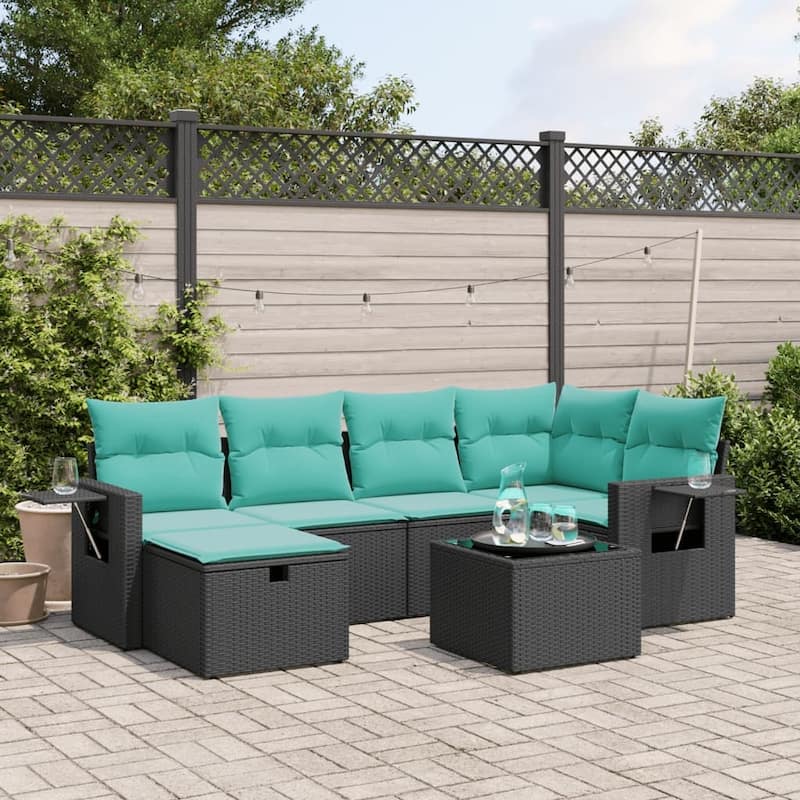 vidaXL Patio Sofa Set with Cushions Outdoor Conversation Furniture Poly Rattan - Black without storage - 24.4" x 24.4" x 27.2"