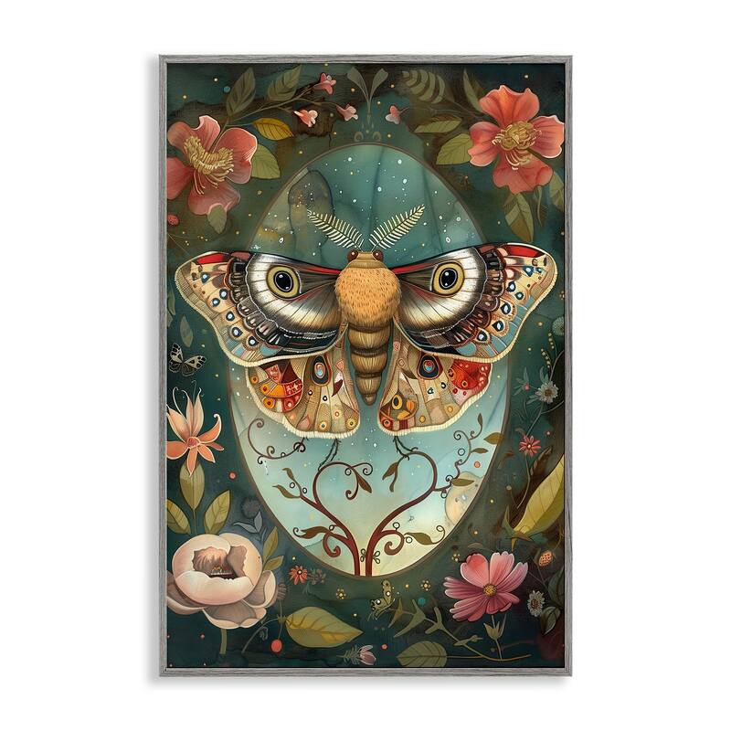 Stupell Ornate Botanicals & Moth Framed Giclee Art Design By The Dutch Lady - 16 x 24 - Grey