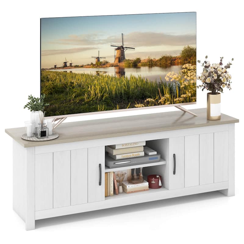 Engineered Wood TV Stand with Cabinets and Open Shelves for 65 inches TVs - 57" x 15.5" x 19.5"(L x W x H) - Natural